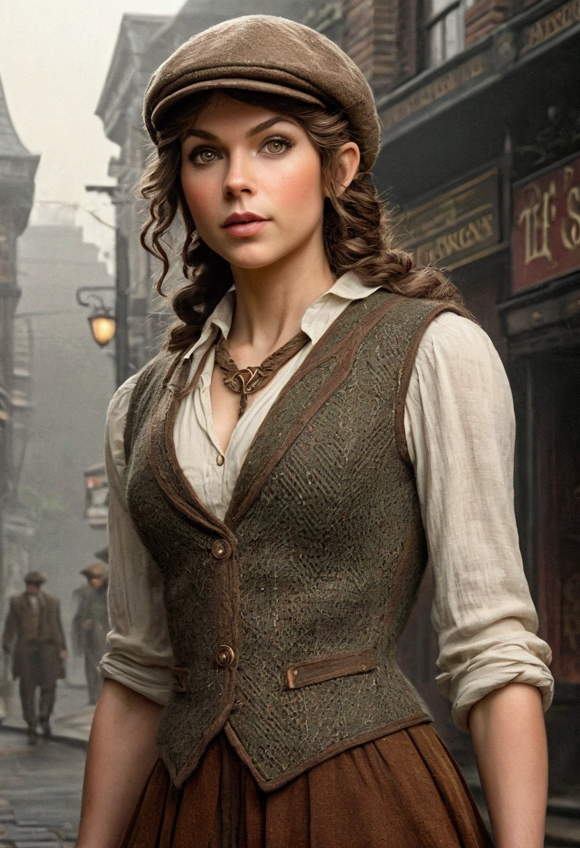 An illustrated movie poster, hand-drawn, full color, an elven maiden, wearing a tweed vest and a flat cap, tall, toned, amazonian stature, athletic hourglass figure, busty bosom, long pointy elf ears, amber eyes, dark hair, curly bob cut, warm almond skintone, freckles, resembles Taylorr Swift, standing on a foggy Victorian-era street corner, graphite shading, stencil marks, airbrushed acrylic paint, masterpiece, elf ears