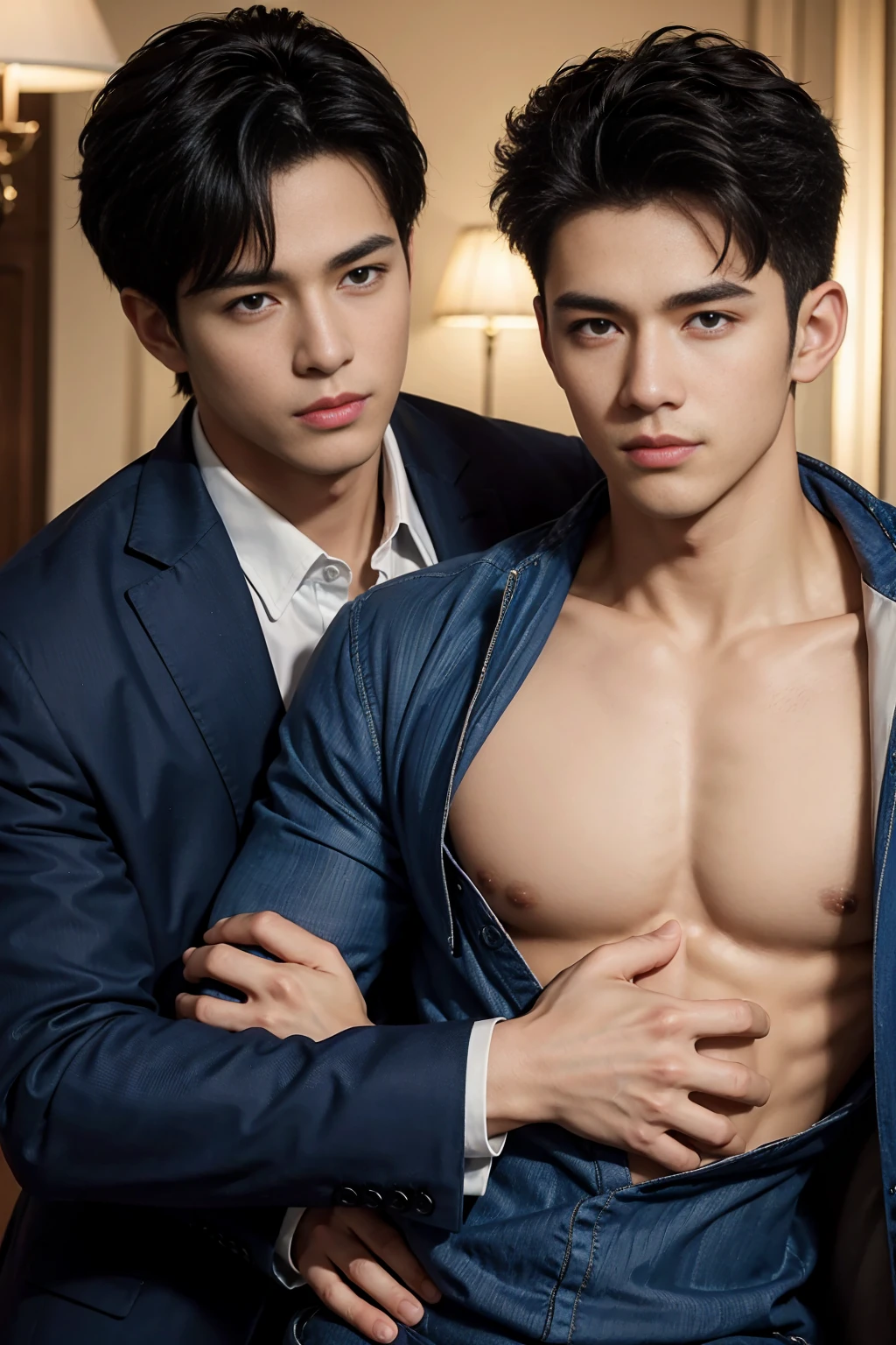 ((masterpiece)),((best quality)),8K,high detail,Very detailed, Very manly，3 men, like，fashion pose, Realistic skin texture, Light,
Royal blue style couple，Perfect hand details