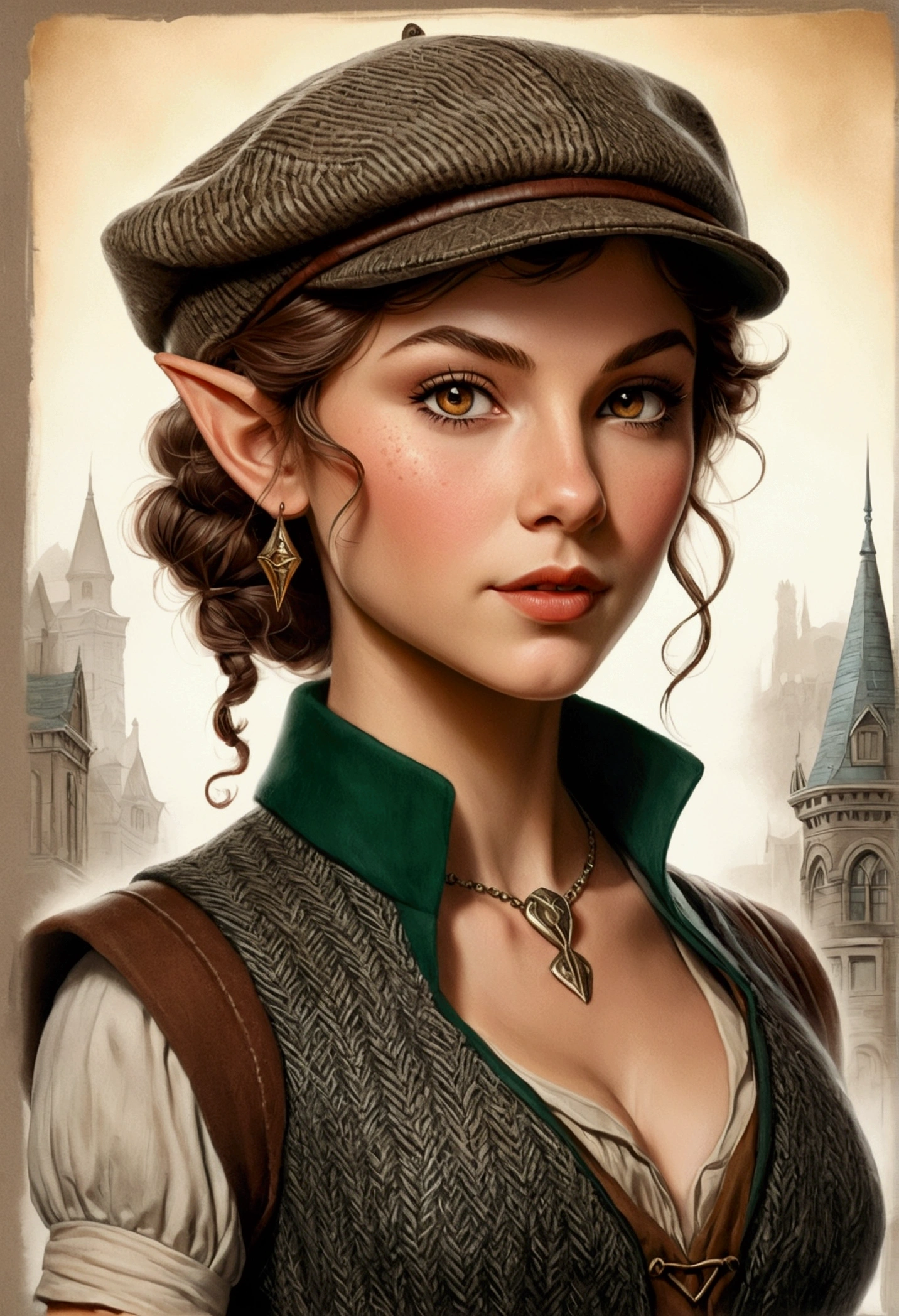An illustrated movie poster, hand-drawn, full color, an elven maiden, wearing a tweed vest and a flat cap, tall, toned, amazonian stature, athletic hourglass figure, busty bosom, long pointy elf ears, amber eyes, dark hair, curly bob cut, warm almond skintone, freckles, resembles Taylorr Swift, standing on a foggy Victorian-era street corner, graphite shading, stencil marks, airbrushed acrylic paint, masterpiece, elf ears