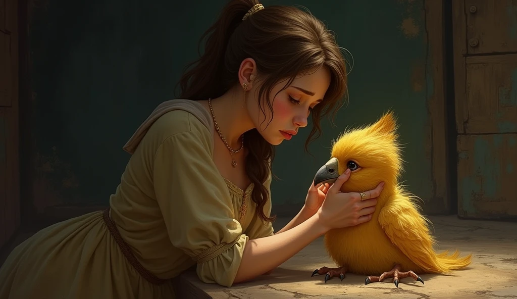 Setting: The same room, now with a slightly dimmer, more melancholic atmosphere.Characters: The golden bird, looking sad and weary, and Princess Brazbala, now worried and pleading.Focus: The bird is expressing its longing to return home, with the princess holding it gently, looking concerned and emotional.