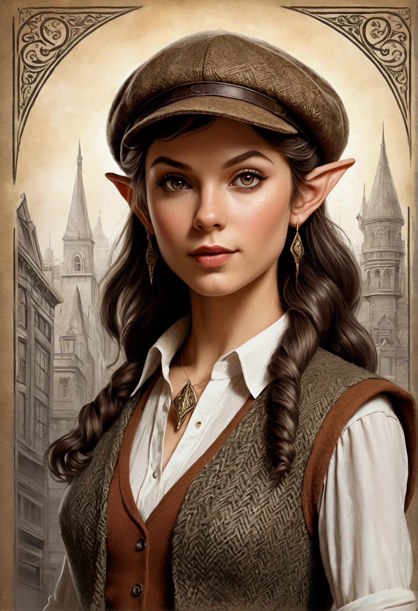 An illustrated movie poster, hand-drawn, full color, an elven maiden, wearing a tweed vest and a flat cap, tall, toned, amazonian stature, athletic hourglass figure, busty bosom, long pointy elf ears, amber eyes, dark hair, curly bob cut, warm almond skintone, freckles, resembles Taylorr Swift, standing on a foggy Victorian-era street corner, graphite shading, stencil marks, airbrushed acrylic paint, masterpiece, elf ears