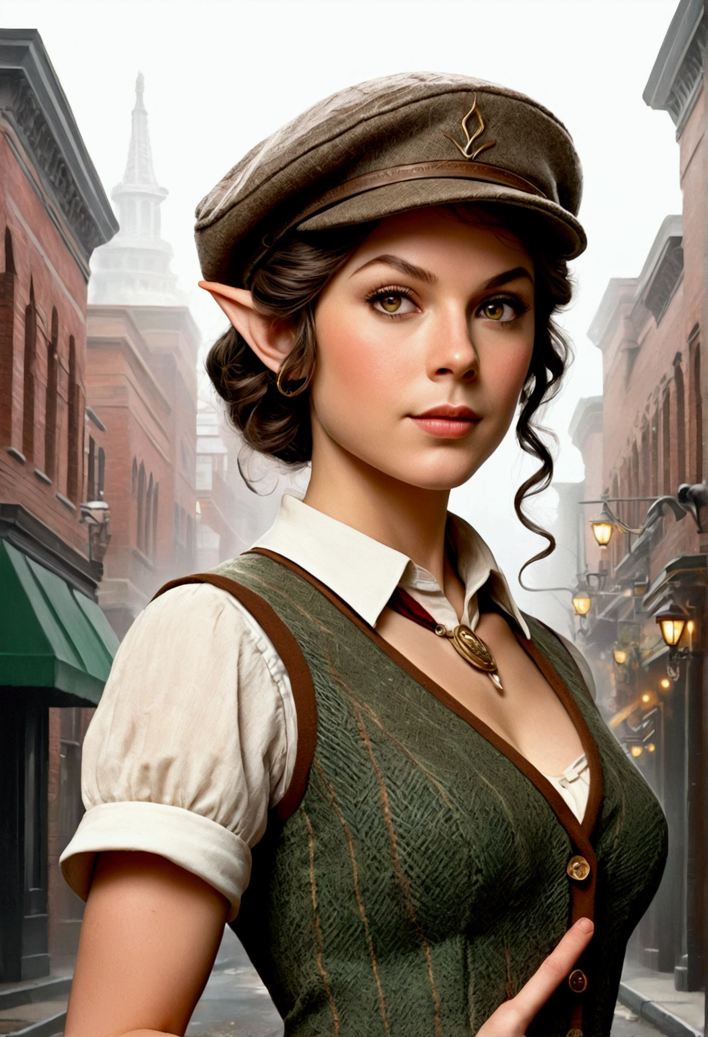 An illustrated movie poster, hand-drawn, full color, an elven maiden, wearing a tweed vest and a flat cap, tall, toned, amazonian stature, athletic hourglass figure, busty bosom, long pointy elf ears, amber eyes, dark hair, curly bob cut, warm almond skintone, freckles, resembles Taylorr Swift, standing on a foggy Victorian-era street corner, graphite shading, stencil marks, airbrushed acrylic paint, masterpiece, elf ears