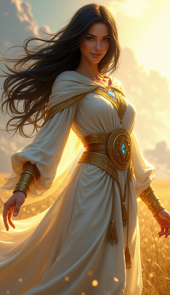 Jill, the Human from baldur's gate 3, best quality, ultra-detailed CG unity 8k wallpaper, standing, high resolution, dynamic pose, beautiful face, (blue eyes:1.2, black hair:1.3, blonde highlights, white and gold cleric robe), depth of field, sunny plains, magic light), promiscuous smile, (high fantasy), weilding healing magic