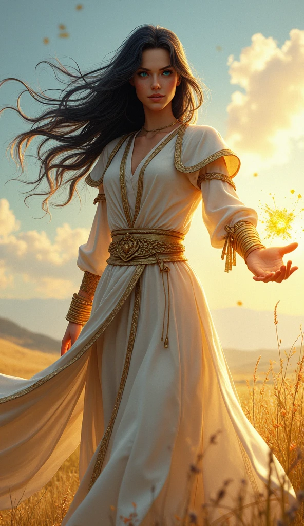 Jill, the Human from baldur's gate 3, best quality, ultra-detailed CG unity 8k wallpaper, standing, high resolution, dynamic pose, beautiful face, (blue eyes:1.2, black hair:1.3, blonde highlights, white and gold cleric robe), depth of field, sunny plains, magic light), promiscuous smile, (high fantasy), weilding healing magic