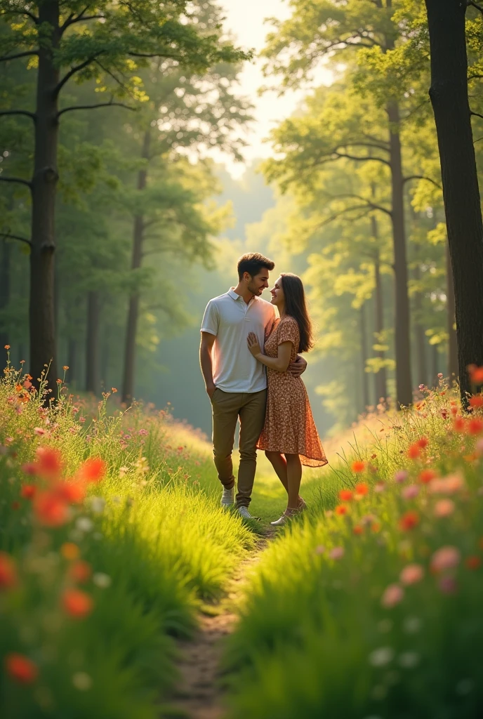 Beautiful place nature good looking green grass boy with his girlfriend