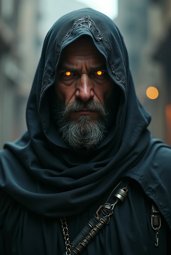 A man with beard and wiring a black cloth pant cover his hate and golden eyes
