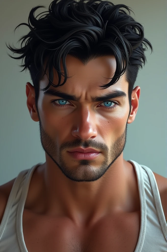 Hot realistic brunette man black hair with blue eyes