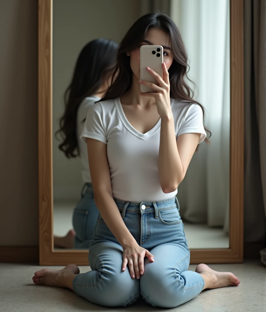 best quality,masterpiece,Ultra-high resolution(Practical),original photo,8k,Korean beauty,Holding a mobile phone,Shoot against the mirror,Sit in front of the mirror,Show your feet,Cover your face,Delicate hands,Realistic skin texture,White skin,White T-shirt,Skinny jeans,full,Large Breasts,Sexy,Long legs,Feet can be seen,Show your feet,Knees together,Kneel
