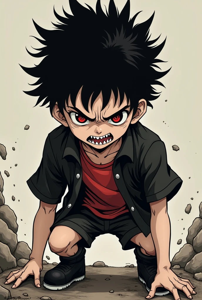 An 1 boy, pale skin, finish, serrated teeth, thin and strong, big black hair, black eyes and red pupils, Hate Feature, black short-sleeved shirt with open buttons and a red shirt underneath, shorts, A boot, struggling pose, Seinen Manga Style.