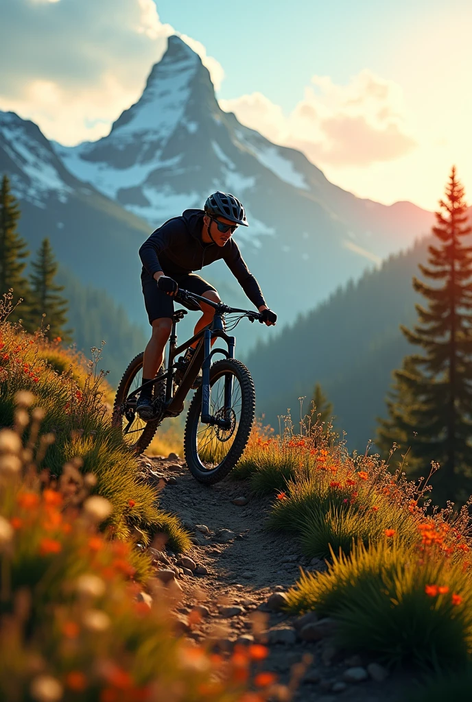 rider enduro bike ascending a mountain at 3:00pm with vivid colors seen in profile on a meadow mountain rising