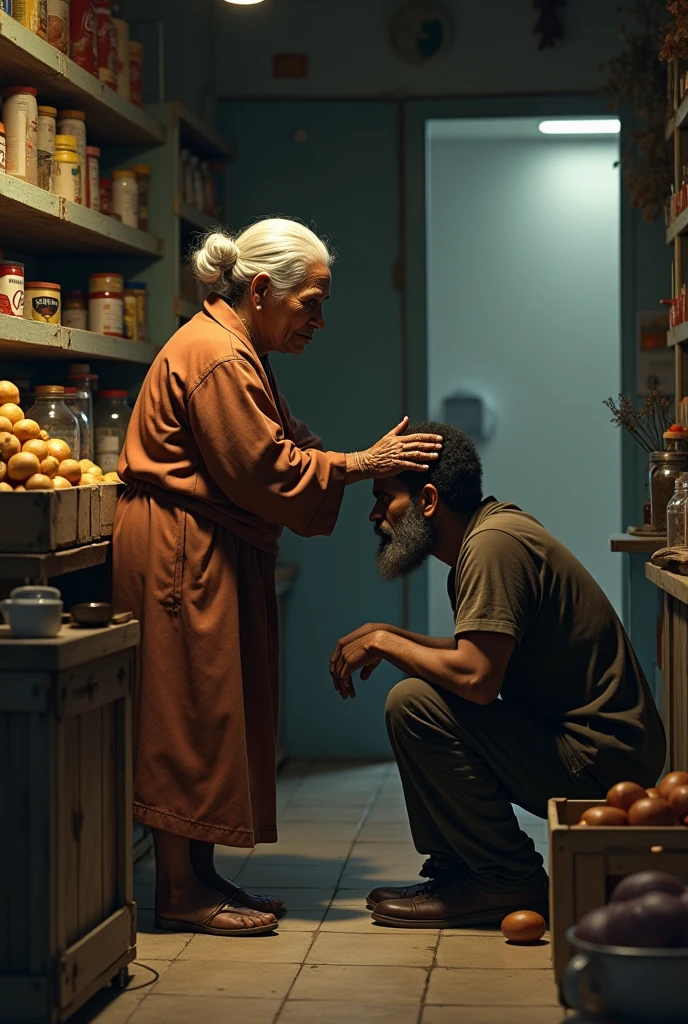 ai image
Ethiopian old woman comforting a sad man in grosery