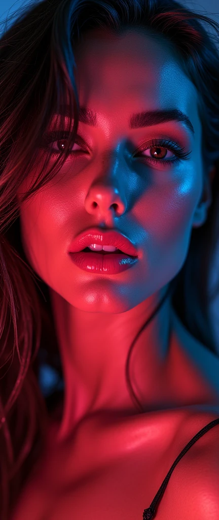 neon eyes, wet hair, wet drops on the face. Portrait of Lucy Pinder, sexy face, bitten lips, boca, language, sexy, Seductive, Hyperrealism, photorealism, 7k better 