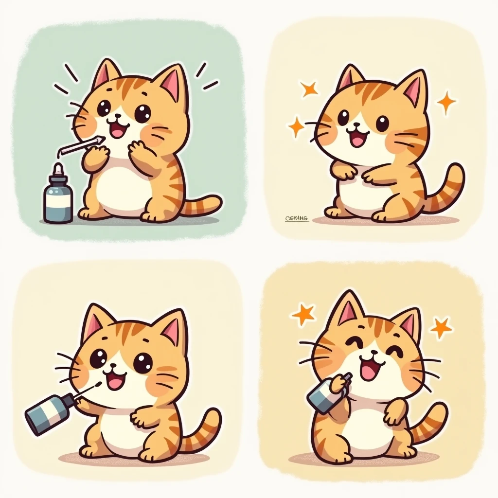Chibi Style, Four-panel comic strip, dot halftone, Flat Color, A cat licking liquid medicine deliciously,The medicine is dispensed with a dropper,smiling, Sparkling eyes, 