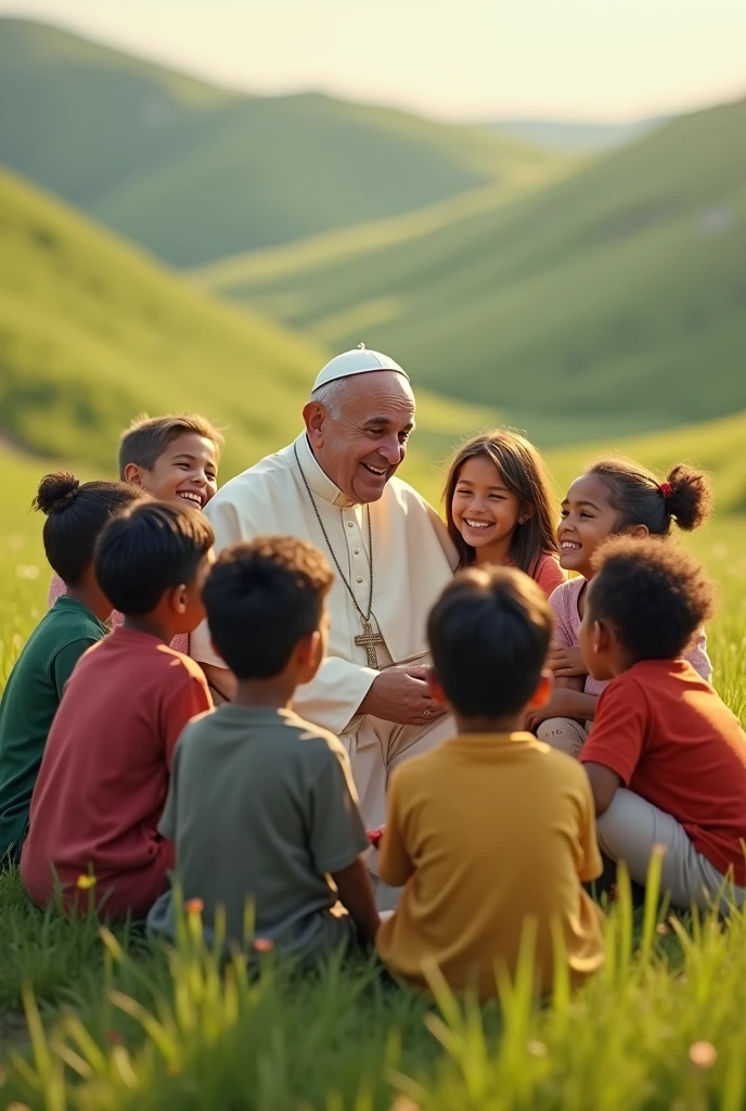 Smiling Pope Francis, with smiling children surrounded, sitting in a grass land.