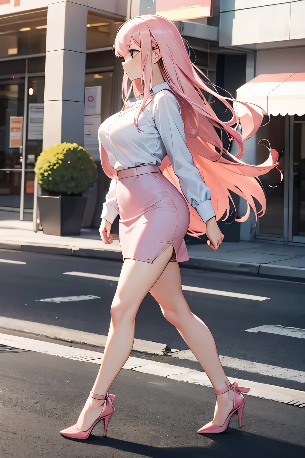 1girl, light pink long hair, walking to hotel, big breasts, light pink pencil skirt, high heels, full body, side view, anatomically correct, high details