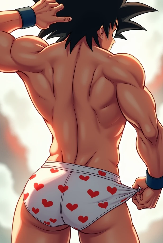 Goku from dragon ball z (back view) showing her ass and her white panties with red heart prints (With his hand he pulls his underwear up and stretches it far to the right)