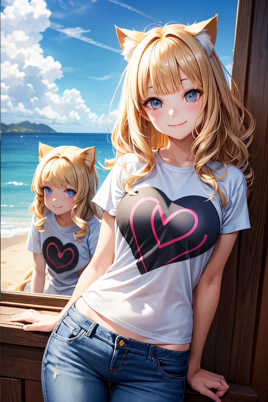Human Structure, Focus on Background, Front View, Blonde, Bob, Shiny Hair, Cat Ear, Smiling Heart Shaped Eyes, Blunt Bangs, Wavy Hair, Morning Sun, Ocean, Shiny Hair, Happy Smile, Gradient Eyes, T-shirt, Jeans, looking at mirror,head tilt