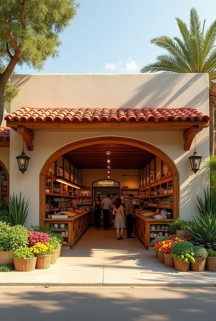 6x4 meter commercial space, Modern Mexican style in light colors, farm products, customers inside, 50 centimeter front overhang of red annealed clay tiles, Exterior view,