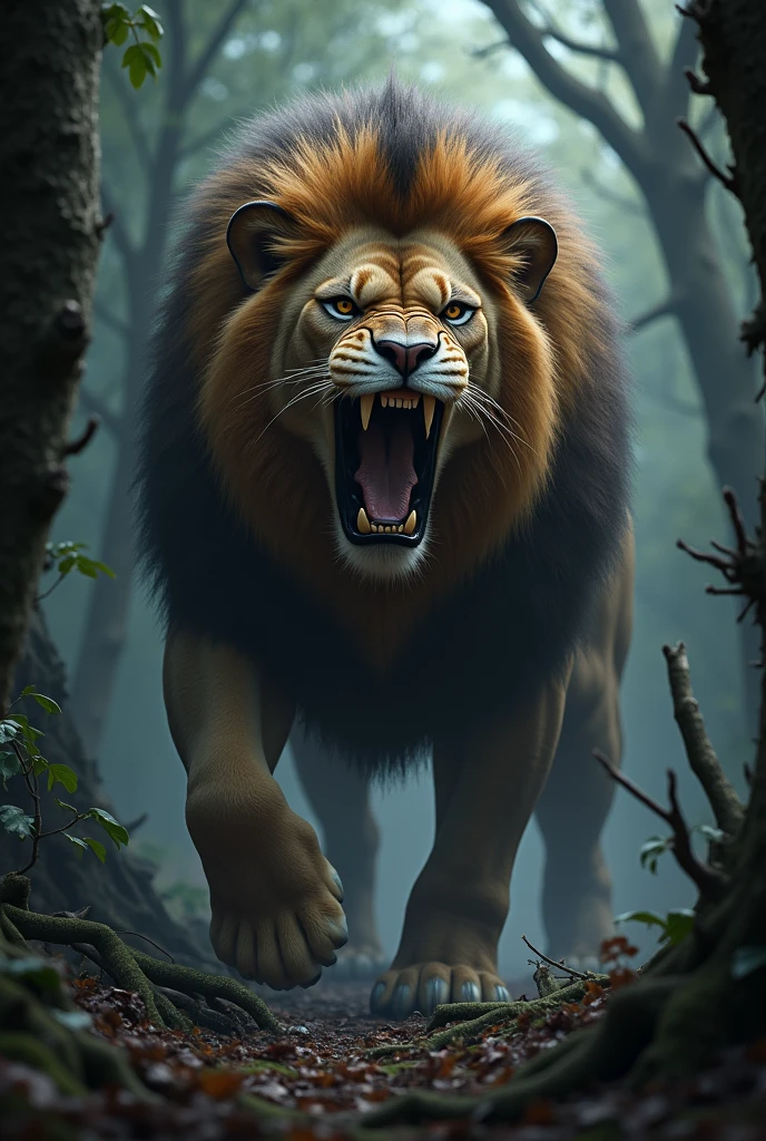 A relastic angry lion in dark woods