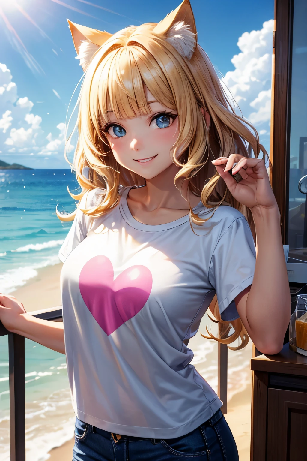 Human Structure, Focus on Background, Front View, Blonde, Bob, Shiny Hair, Cat Ear, Smiling Heart Shaped Eyes, Blunt Bangs, Wavy Hair, Morning Sun, Ocean, Shiny Hair, Happy Smile, Gradient Eyes, T-shirt, Jeans, looking at mirror,head tilt