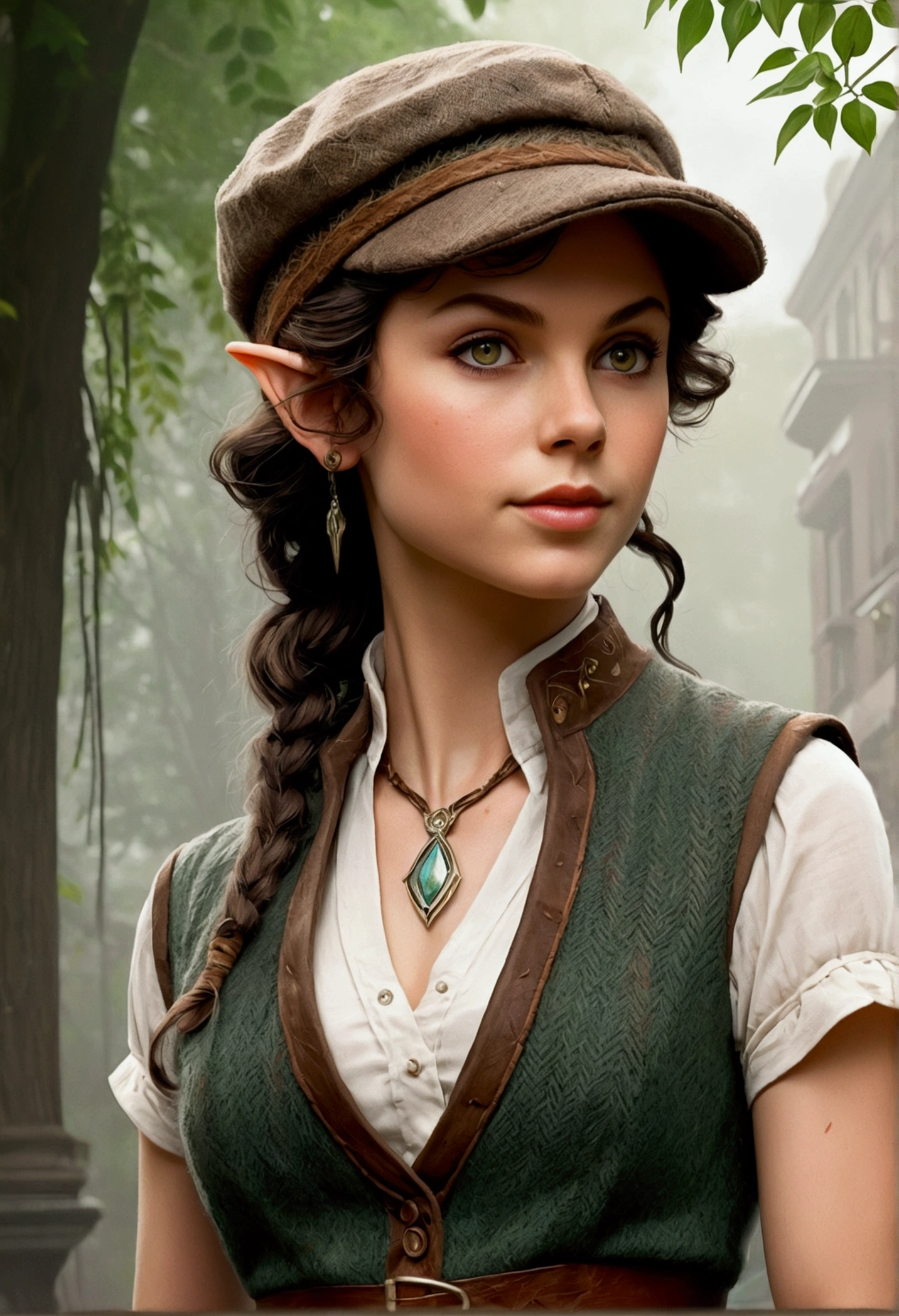 An illustrated movie poster, hand-drawn, full color, an elven maiden, wearing a tweed vest and a paddy cap, tall, toned, amazonian stature, athletic hourglass figure, busty bosom, long pointy elf ears, amber eyes, dark hair, curly bob cut, warm almond skintone, freckles, resembles Taylorr Swift, standing on a foggy Victorian-era street corner, graphite shading, stencil marks, airbrushed acrylic paint, masterpiece, elf ears