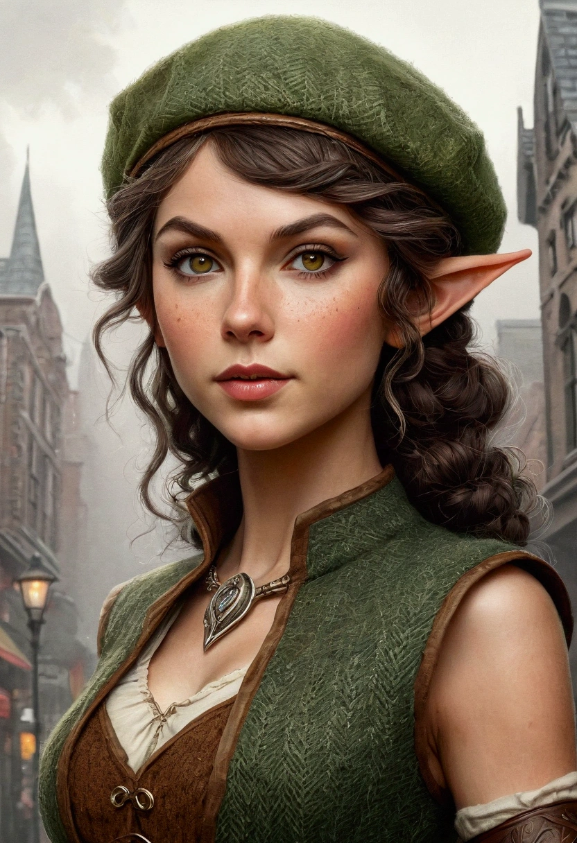 An illustrated movie poster, hand-drawn, full color, an elven maiden, wearing a tweed vest and a paddy cap, tall, toned, amazonian stature, athletic hourglass figure, busty bosom, long pointy elf ears, amber eyes, dark hair, curly bob cut, warm almond skintone, freckles, resembles Taylorr Swift, standing on a foggy Victorian-era street corner, graphite shading, stencil marks, airbrushed acrylic paint, masterpiece, elf ears