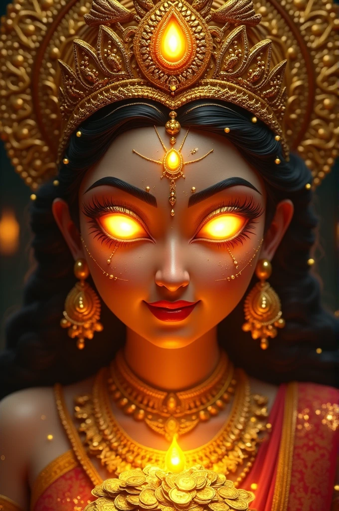 Create an eye-catching thumbnail with Lakshmi Mata as the central figure. Use vibrant gold tones and dark backgrounds to make the image stand out. Show her eyes glittering with gold and cash to symbolize prosperity. Ensure the design is attractive and draws viewers' attention immediately."