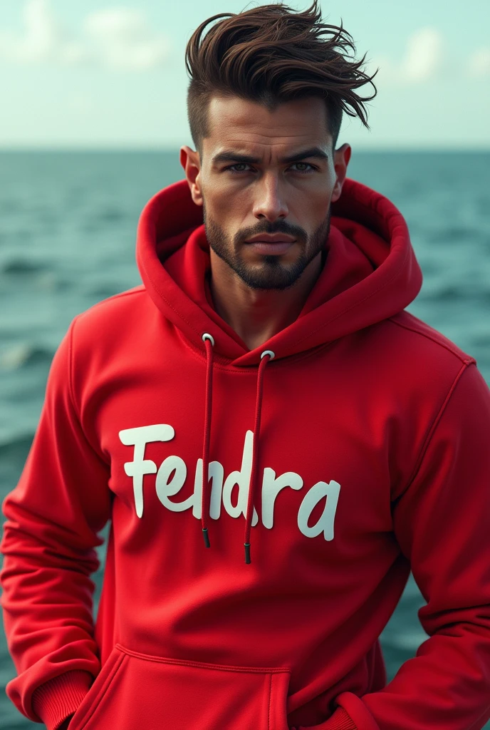 a man3d wear hoodie red pop up name "fendra"handsome background sea