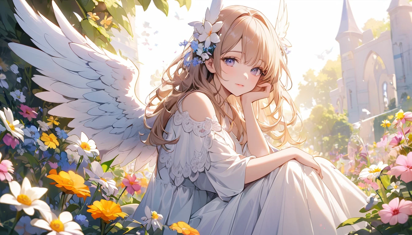 An angel with long, beautiful wings and a beautiful face sits in a flower garden.