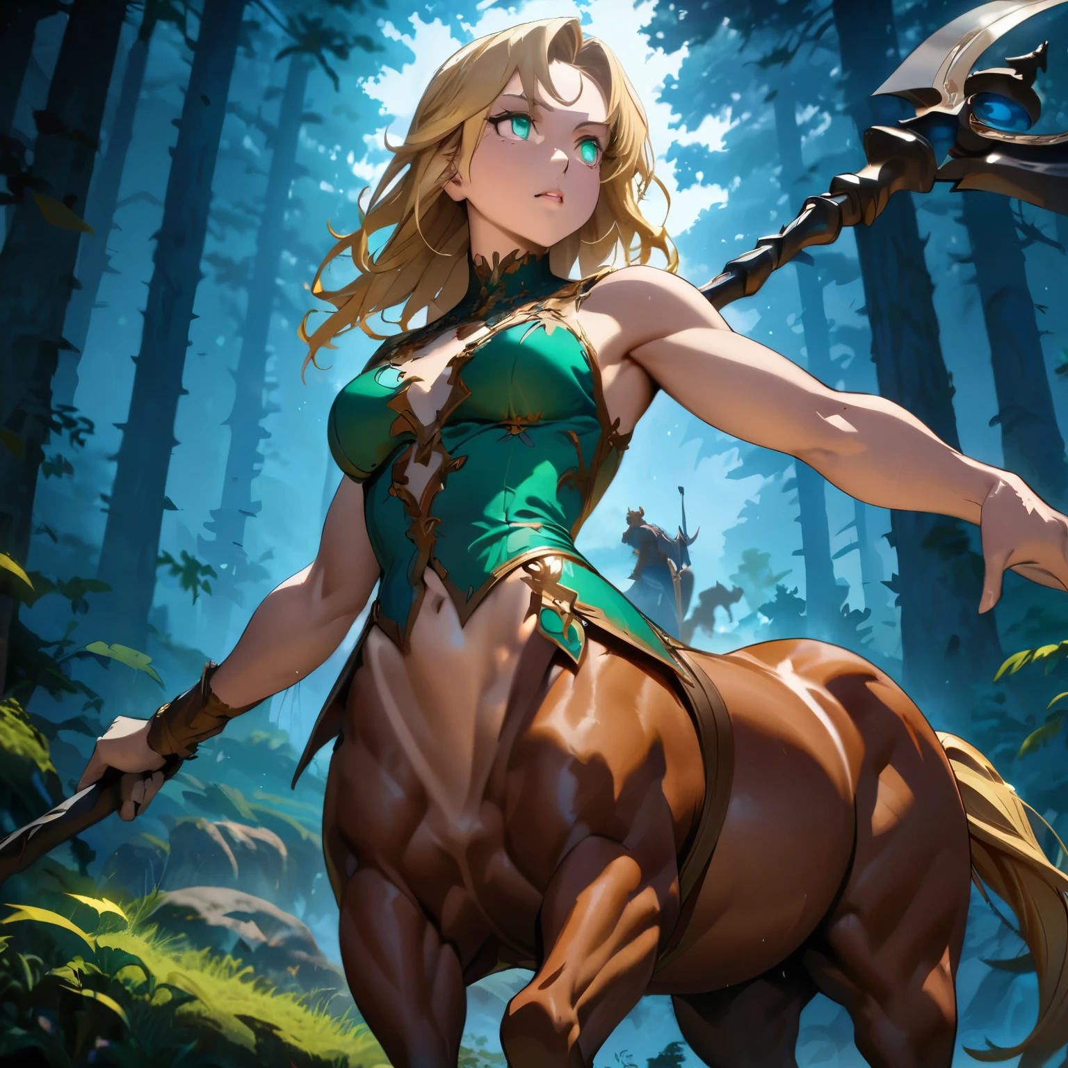 a centaur in a forest, looking into the distance, wary of the surroundings, dignified face, strong gaze, beautiful detailed eyes, beautiful detailed lips, extremely detailed face, horse, 1 centaur, (best quality,4k,8k,highres,masterpiece:1.2),ultra-detailed,(anime style),concept art, fantasy, dynamic pose, dramatic lighting, vivid colors, cinematic atmosphere,(have A scythe called Deathsize),Blonde emerald Eye