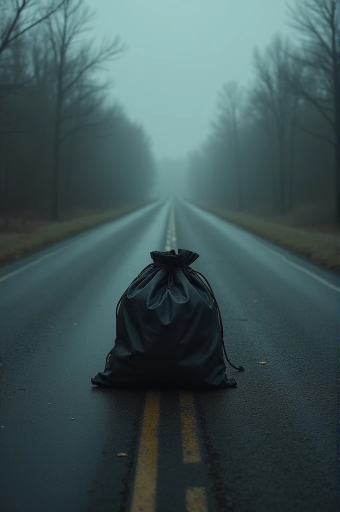 The black bag was located in the middle of a lonely and scary road.