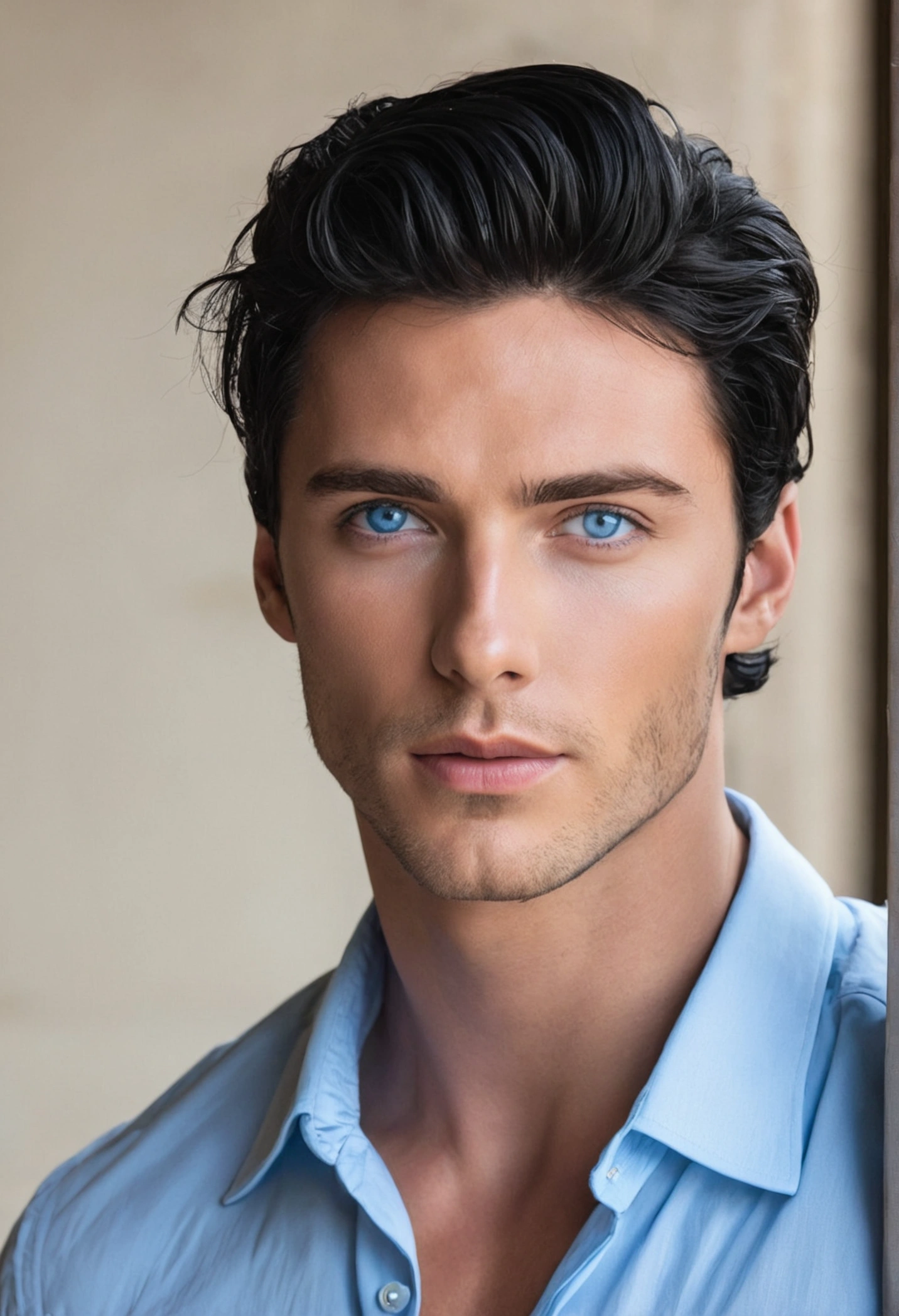 Hot brunette man with black hair blue eyed