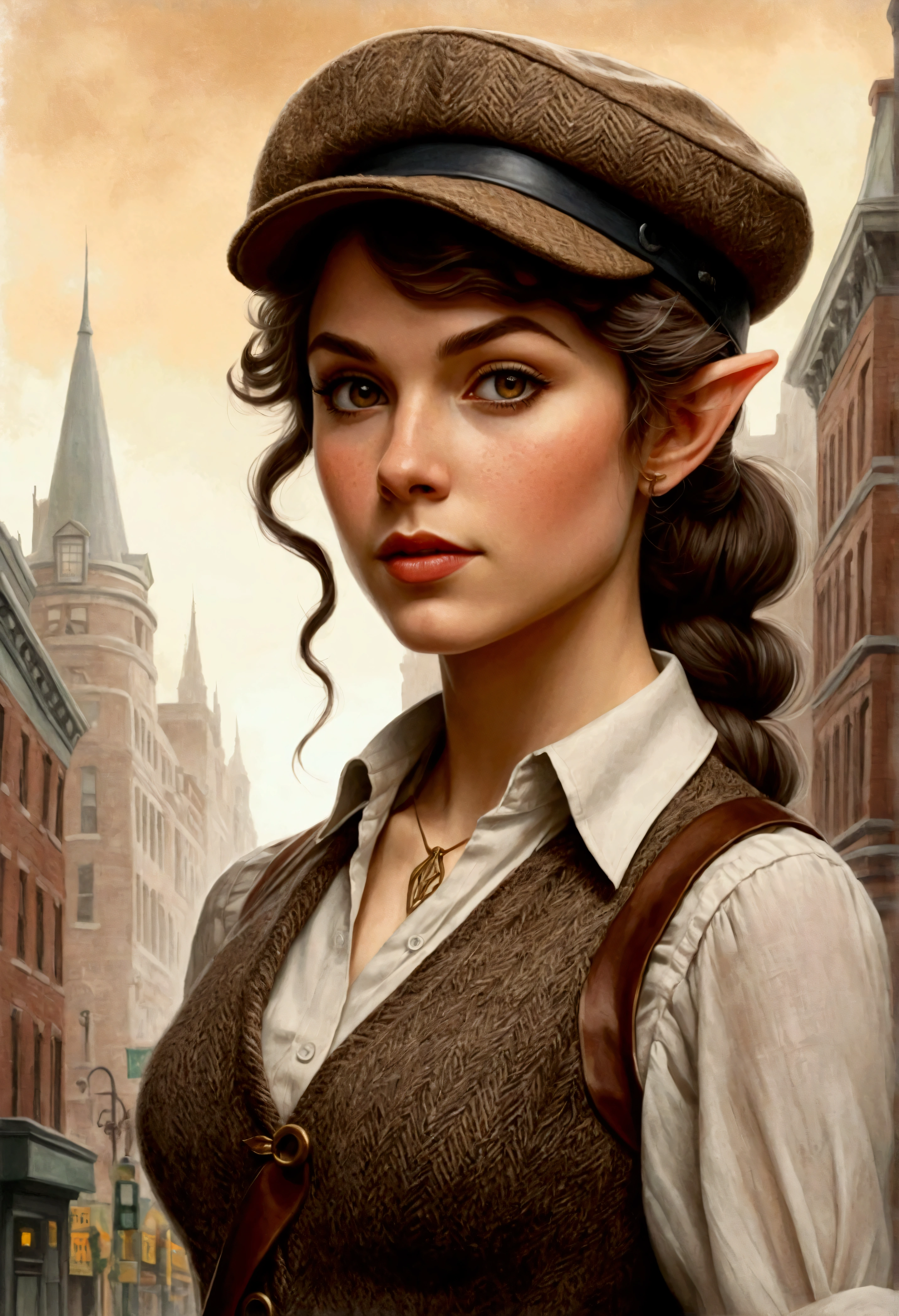 An illustrated movie poster, hand-drawn, full color, an elven maiden, wearing a tweed vest and a newsie cap, tall, toned, amazonian stature, athletic hourglass figure, busty bosom, long pointy elf ears, amber eyes, dark hair, curly bob cut, warm almond skintone, freckles, resembles Taylorr Swift, standing on a foggy Victorian-era street corner, graphite shading, stencil marks, airbrushed acrylic paint, masterpiece, elf ears