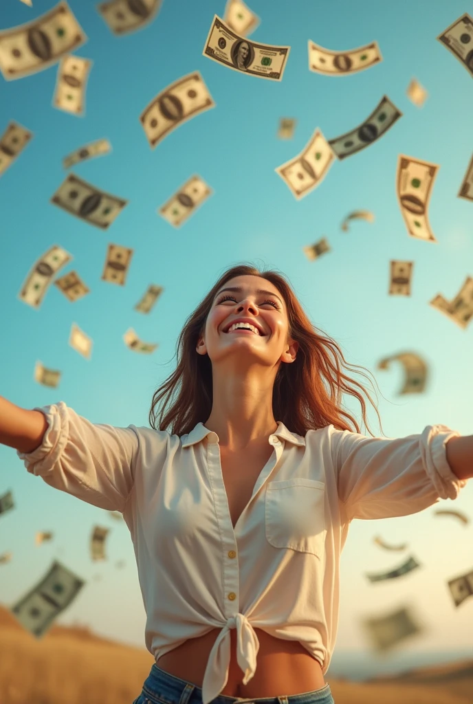 A beautiful American woman smiles happily, looks up, and spreads her arms, waiting to receive money, which is falling from the sky in large amounts.
