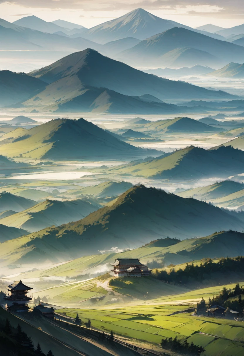 In the vast Japanese countryside、A young samurai is training with his family。Mountains in the distance々I can see、A sense of severity in a serene landscape