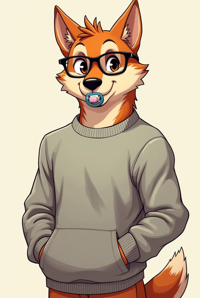 Male canine furry with attractive physique, with glasses and a sweatshirt, posing for a front photo, with a pacifier in the mouth, with 2D drawing style