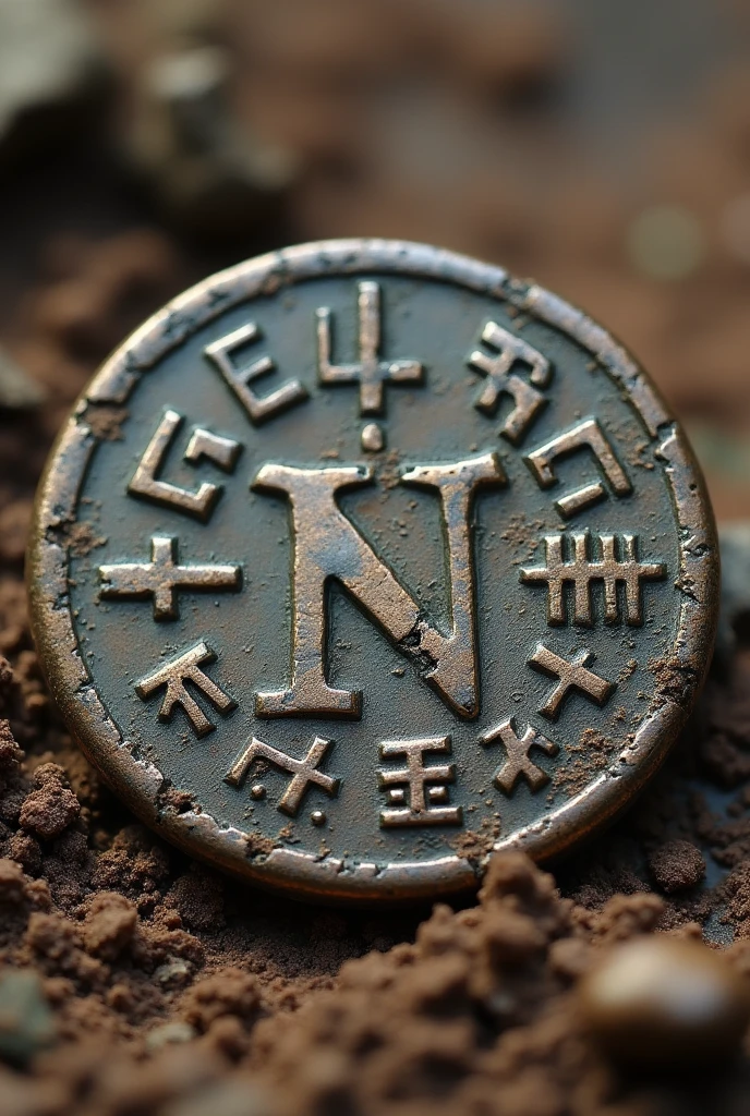 Ultra close-up macro photograph of an old, weathered coin found in the dirt while metal detecting, highlighting the worn inscriptions and patina, with natural, overcast light, and a gritty texture of the soil. The Canon EOS R5 focuses closely on the coin with the background blurred. The scene is ultra detailed with realistic textures resembling a photograph taken using a Canon EF 100mm f/2.8L Macro IS USM lens. Make it more detailed, and close up.