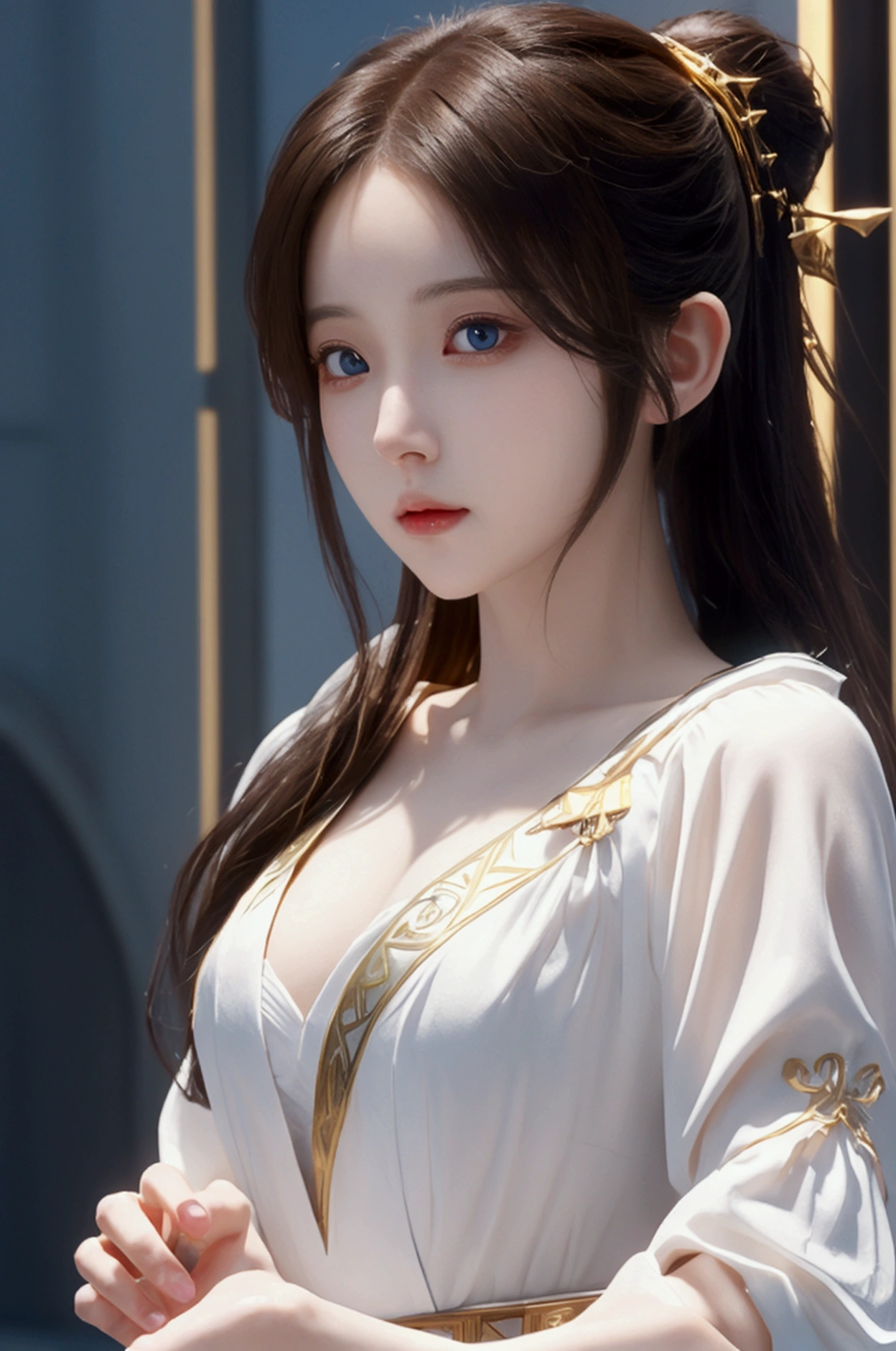 A full body picture of Princess Zelda, Brown hair, blue eyes, Dress up《Assassin's Creed》The Assassin, White+gold,配White面具和gold细节的头巾, XL Bust, Use wrist blade. background: Renaissance City. Unreal Engine 5, Japanese cartoons, Japanese cartoons style, masterpiece, Well drawn eyes, Very well drawn face, Delicate eyes, The face is rich in detail, 8K, Light and shadow effects.