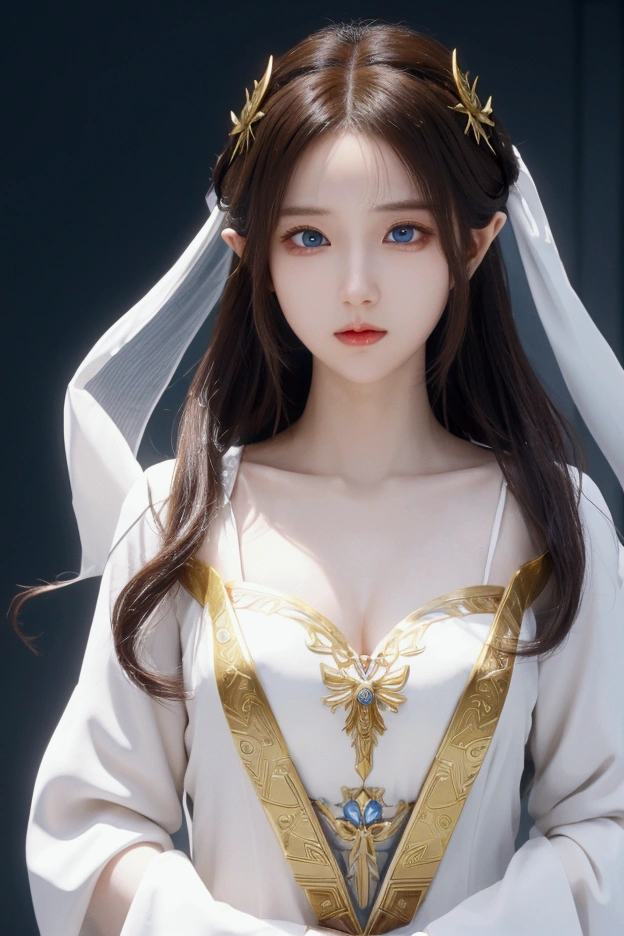 A full body picture of Princess Zelda, Brown hair, blue eyes, Dress up《Assassin's Creed》The Assassin, White+gold,配White面具和gold细节的头巾, XL Bust, Use wrist blade. background: Renaissance City. Unreal Engine 5, Japanese cartoons, Japanese cartoons style, masterpiece, Well drawn eyes, Very well drawn face, Delicate eyes, The face is rich in detail, 8K, Light and shadow effects.
