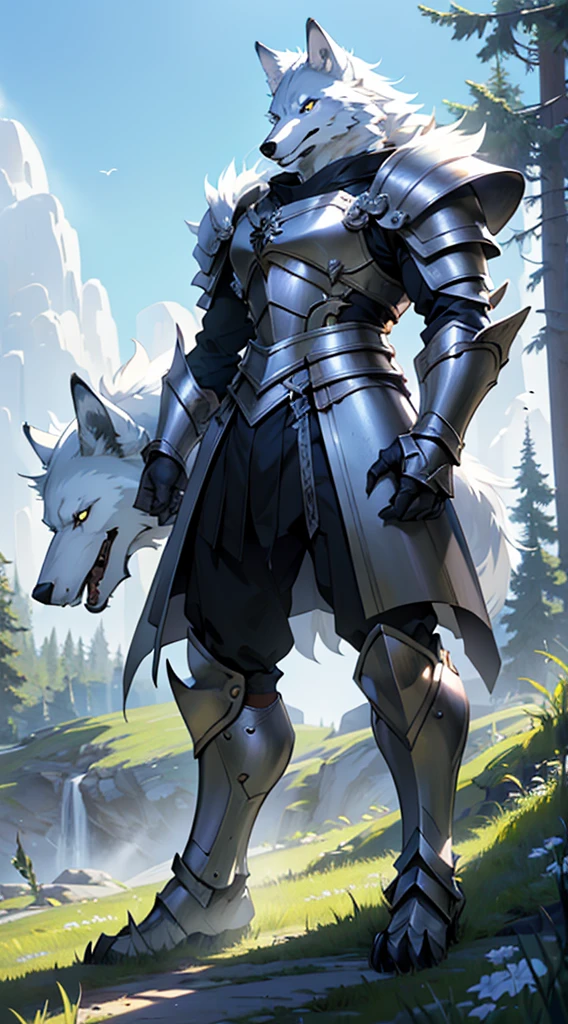 (best quality, 4K, 8k, high resolution, masterpiece:1.2), white wolf monster, White wolf in armor, furry wolf monster with short legs, Side pose, full body pose, Outdoor Lighting, vertical lighting, nature background, Lunch hour, large claws on front feet, Gaze angle at shoulder height, meadow background, Front side view