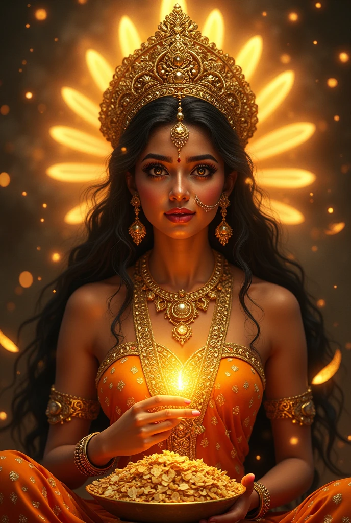 Create an eye-catching thumbnail with Lakshmi Mata as the central figure. Use vibrant gold tones and dark backgrounds to make the image stand out. Show her eyes glittering with gold and cash to symbolize prosperity. Ensure the design is attractive and draws viewers' attention immediately."