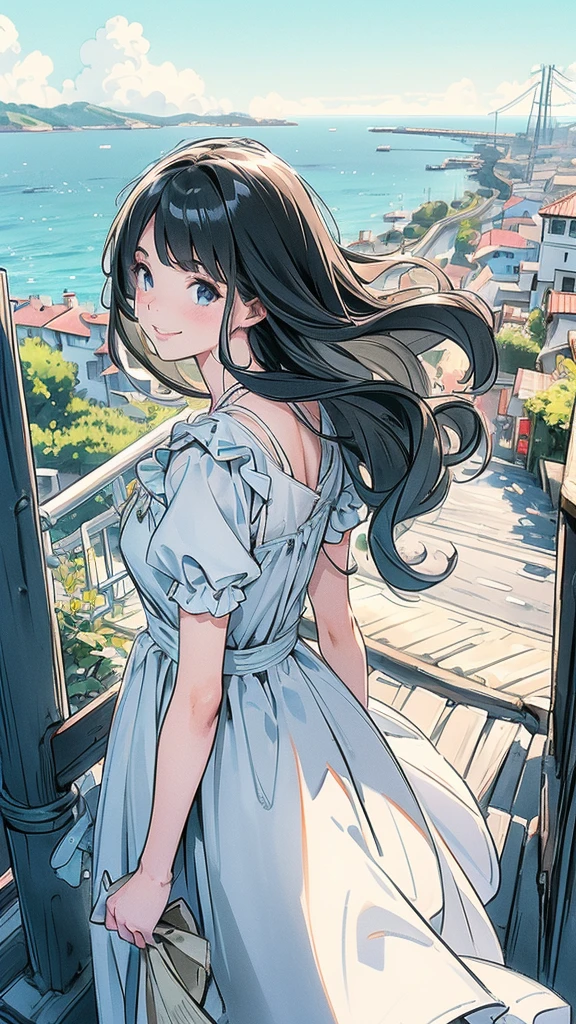 very cute and beautiful girl,Teen,White sundress with ruffles,(Very detailed美しい顔),
walk up the slope to the top of the hill,(Mediterranean cityscape by the sea),distant port,Beautiful summer sky,
Cowboy Shot,(smile:1.2),(Recall,From behind),Wavy black hair,Dynamic Angle,View your viewers,
(Highest quality,masterpiece:1.2),Absurd,High resolution,Very detailed,Very detailed,32K,8k resolution,
Intricate details,Movie Scenes,Detailed Background,alone,Dynamic Angle,
Natural light,Hair blowing in the wind,Perfect hands,