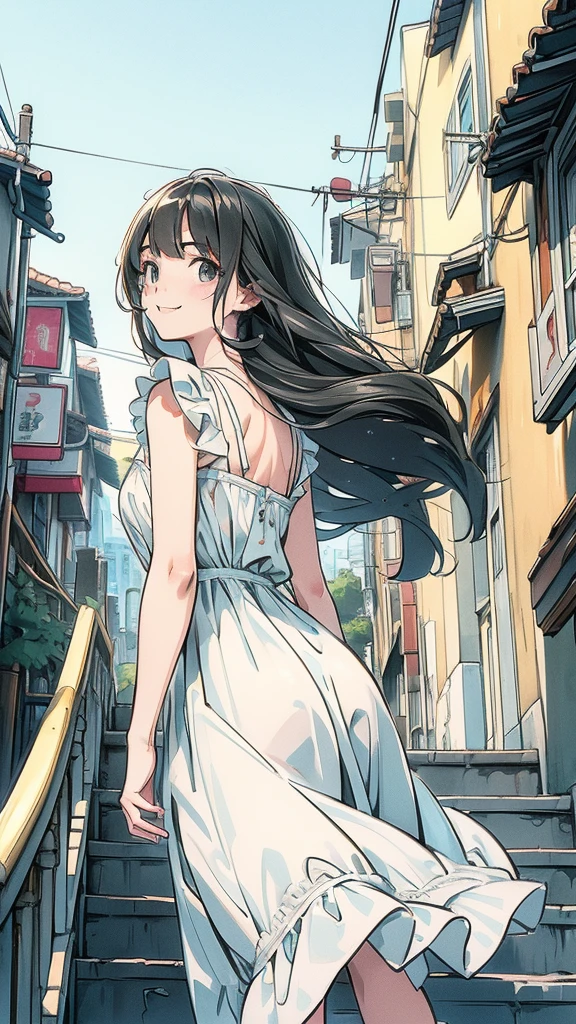 very cute and beautiful girl,Teen,White ???????? with ruffles,(Very detailed美しい顔),
walk up the slope to the top of the hill,(Mediterranean cityscape by the sea),distant port,Beautiful summer sky,
Cowboy Shot,(smile:1.2),(Recall,From behind),Wavy black hair,Dynamic Angle,View your viewers,
(Highest quality,masterpiece:1.2),Absurd,High resolution,Very detailed,Very detailed,32K,8k resolution,
Intricate details,Movie Scenes,Detailed Background,alone,Dynamic Angle,
Natural light,Hair blowing in the wind,Perfect hands,