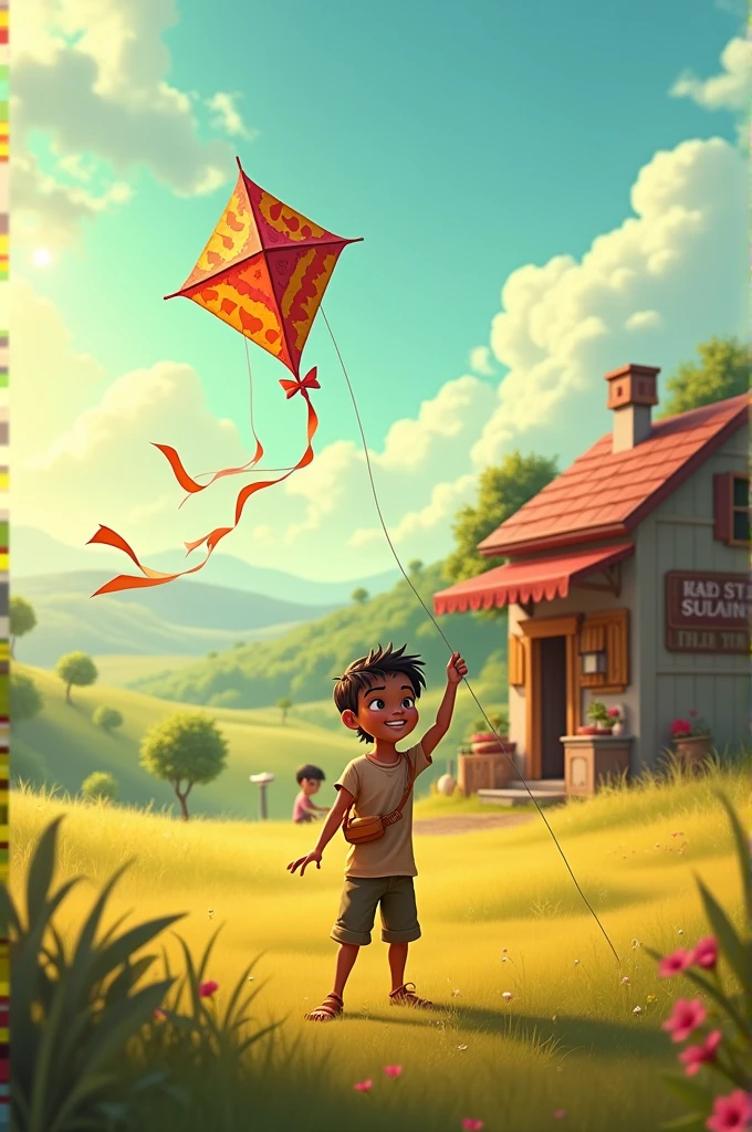 Aarav enjoying a sunny day while flying a kite, with a shadowy figure sneaking near a small village shop in the background.