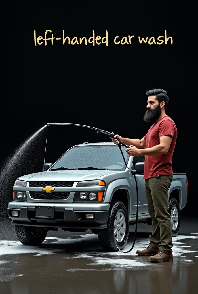 Draw a 2D image. The background color should be black and inside there is a person with a black, trimmed beard and who has a pressure washer pouring water on a gray 2004 Chevrolet Colorado.. That says on the top “left-handed car wash”