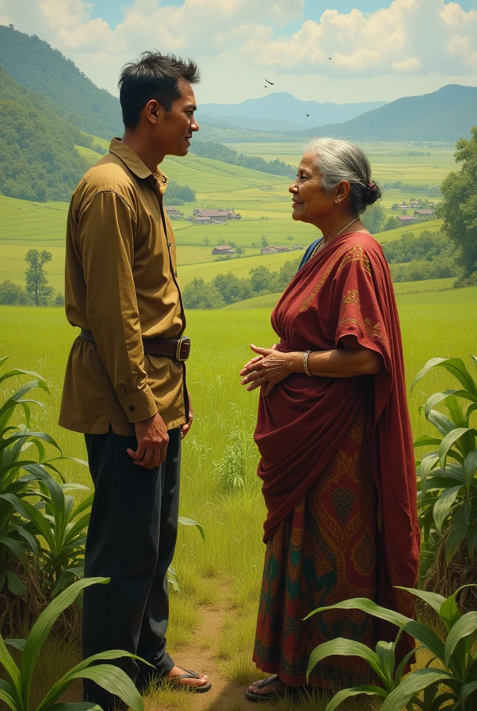 Malin Kundang talked with his mother in the field
(landscape)