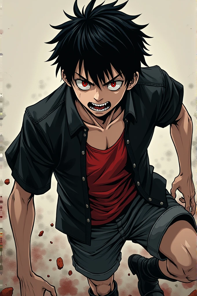 An 1 boy, pale, finish, serrated teeth, thin and strong, big black hair, black eyes and red pupils, Hate Feature, black short-sleeved shirt with open buttons and a red shirt underneath, shorts, A boot, struggling pose, Seinen Manga Style.