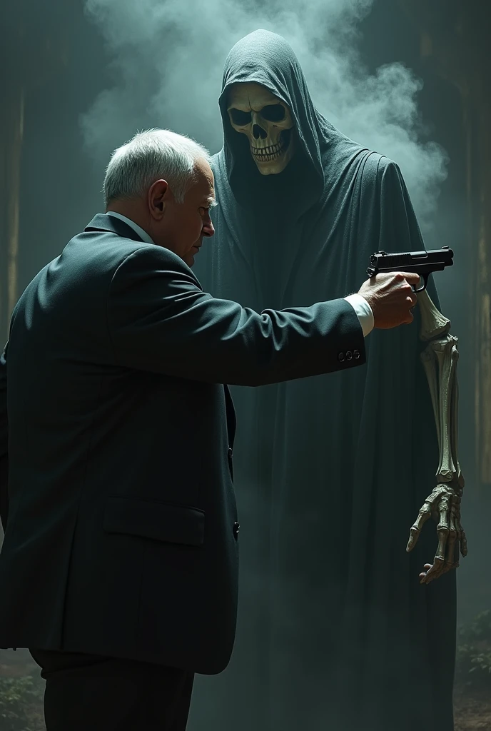 Drawing of a man holding a gun pointing at death 
