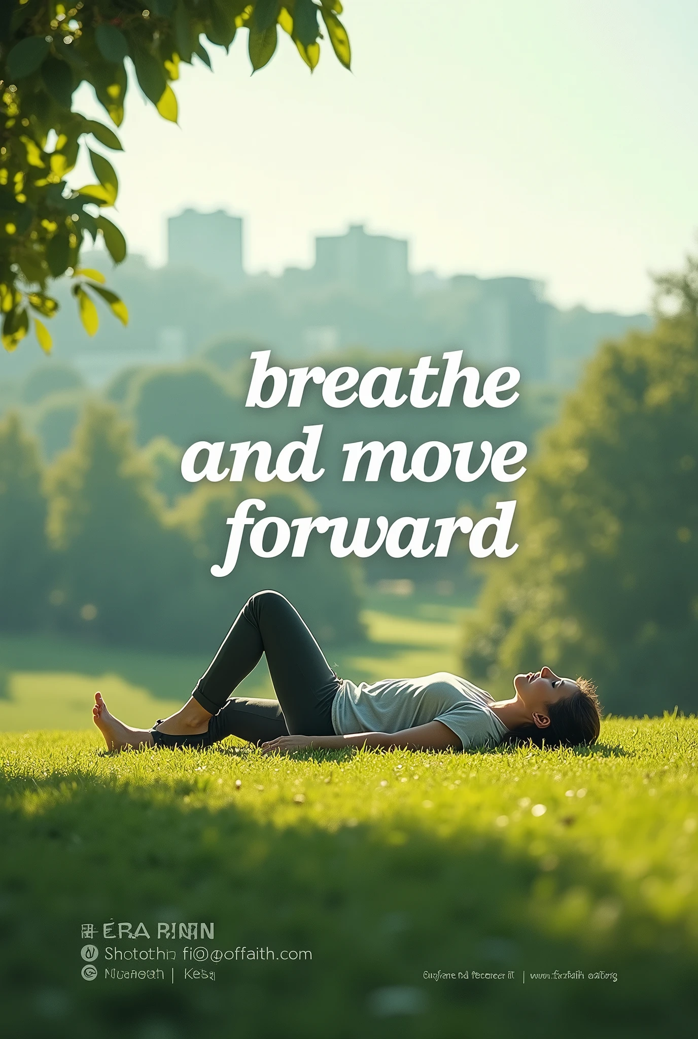 Background of a relaxed person on a lawn with text in the image that says &quot;breathe and move forward&quot; , ¨picnic, City of Faith and more information at 7256-2196 or 8449-0344