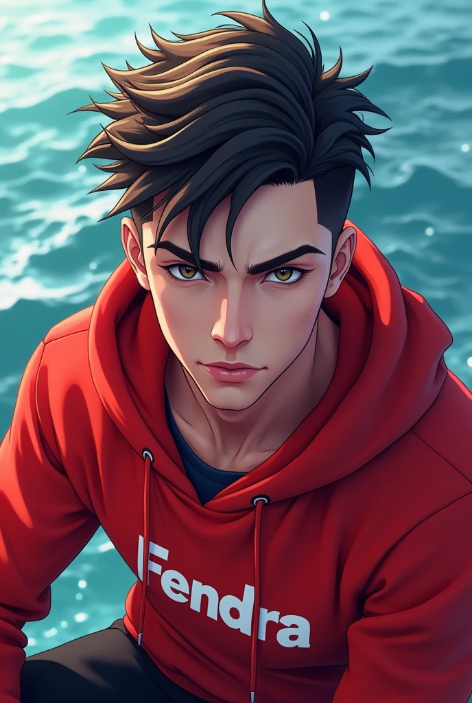 a man3d wear hoodie red pop up name "fendra"handsome anime background sea